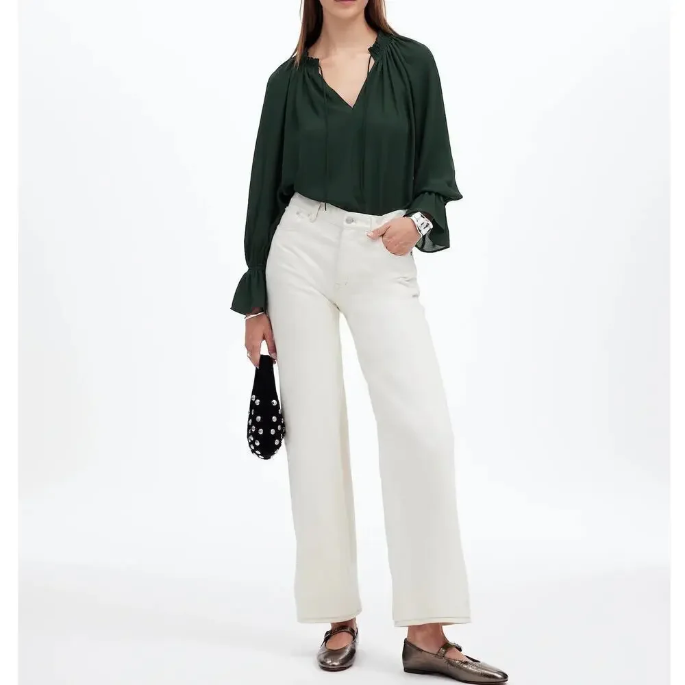 Madewell Top Long Sleeve Tie Neck Peasant Blouse Luxury Forest Green NWT XS